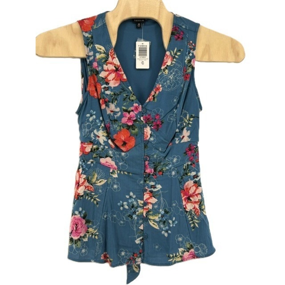 Torrid Floral Bluesteel Rayon Slub Button Up Peplum Back Tie Tank Top 00 M/L 10
